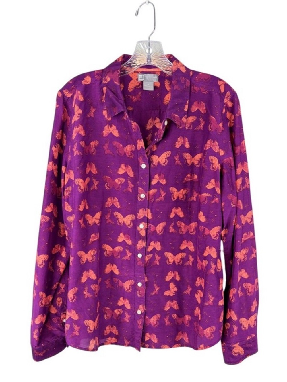 JCP Whimsical Silk Blend Butterfly Print Button Down Shirt Purple Orange XL